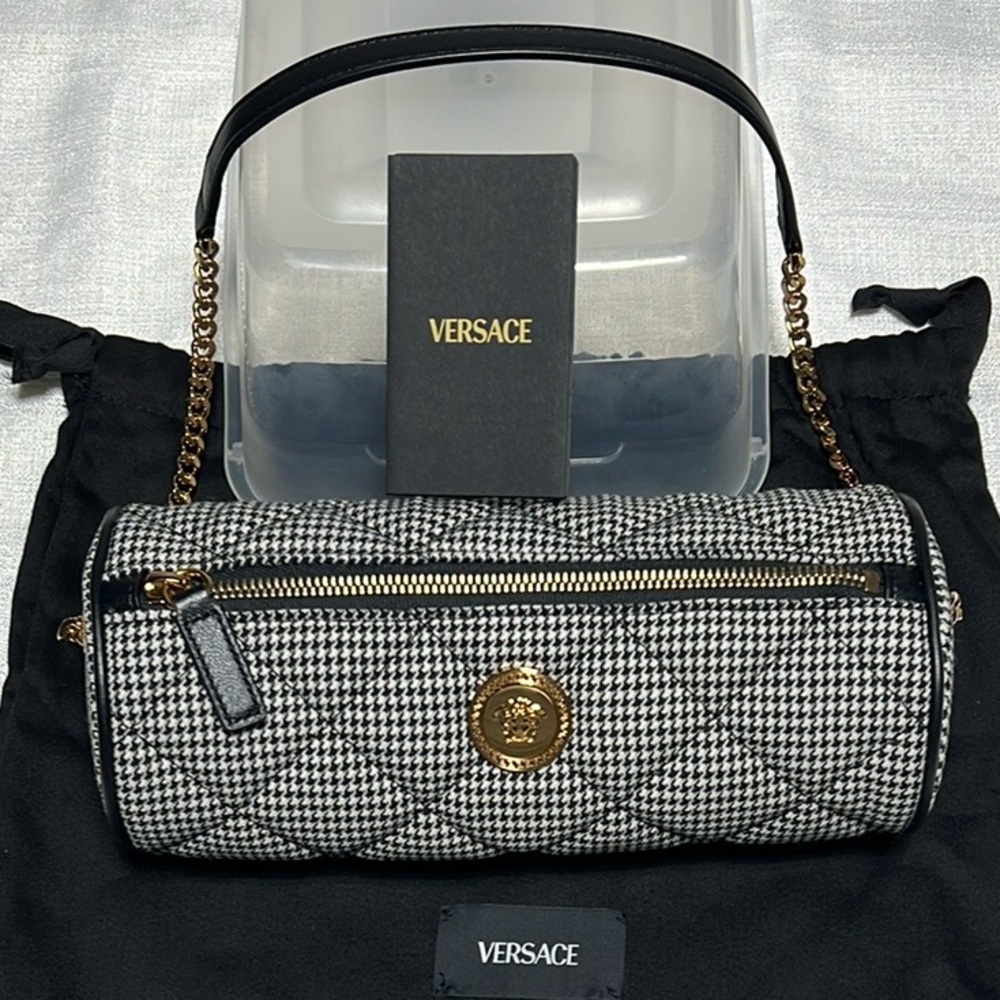 Versace Quilted Hounds Tooth Shoulder barrel bag cotton/leather La Medusa